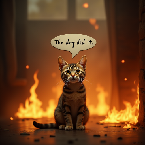 Photorealistic image of an innocent-looking cat sitting calmly in the middle of a burning room. Flames engulf the room, with fire licking up the walls and smoke filling the air. The cat is sitting on the floor, looking directly at the viewer with wide, innocent eyes. Above the cat, a speech bubble says "The dog did it". The contrast between the cat's calm demeanor and the chaos around it creates a humorous and surreal scene.