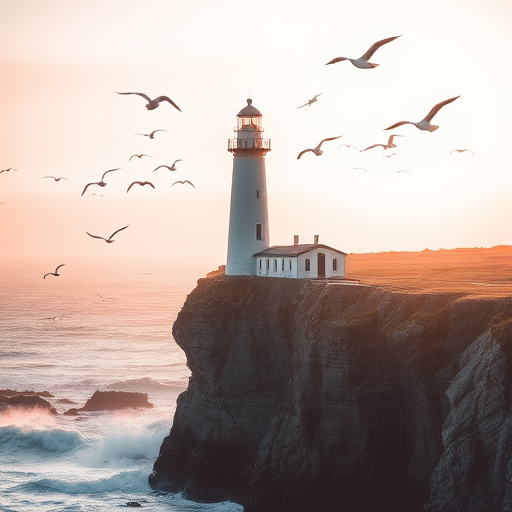 Soft-focus image of a lighthouse standing tall on a rocky cliff at sunrise, with soft golden light illuminating the waves crashing below and a flock of seagulls flying overhead.
