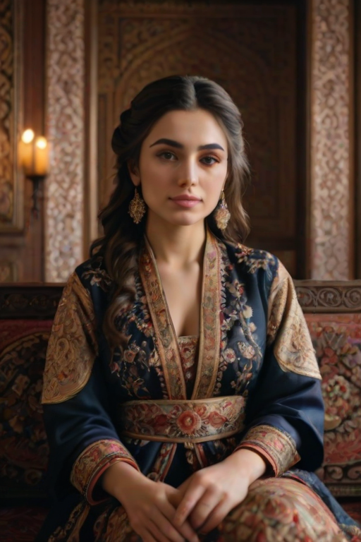 A beautiful Armenian woman in traditional East Asian attire, intricately detailed with embroidered patterns, sitting gracefully in a richly decorated room, soft ambient lighting, serene and elegant, ultra-realistic, 8K resolution