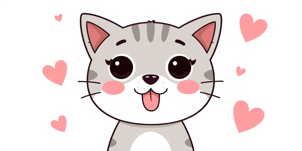 cute cartoon cat with round face and big eyes sticking out its tongue small pink blush spots and heart doodles in the background simple and playful style