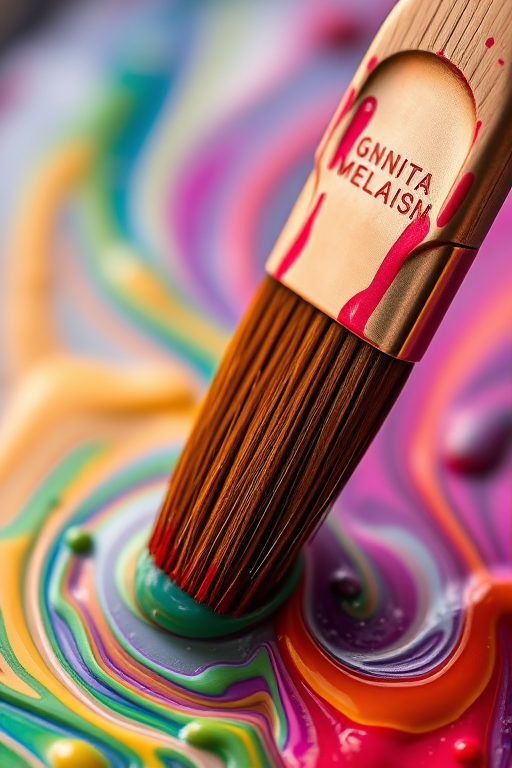 Create a close-up image of a paintbrush dipped in vibrant, swirling oil paints with a shallow depth of field, using a DSLR camera with a macro lens, aperture set to f/2.8, ISO 100, and a shutter speed of 1/200s for enhanced clarity and color vibrancy.