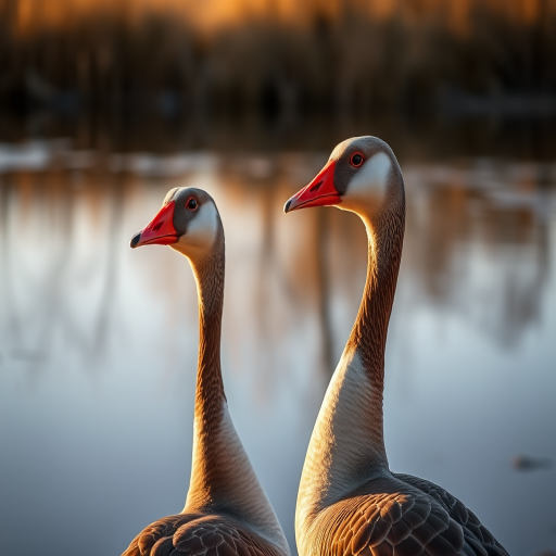 Capture a close-up of two Canada geese standing near a pond with reflections in the water, using a Canon EOS 5D Mark IV, with a 200mm lens, aperture f/4, ISO 200, natural lighting at golden hour for soft illumination and rich colors.