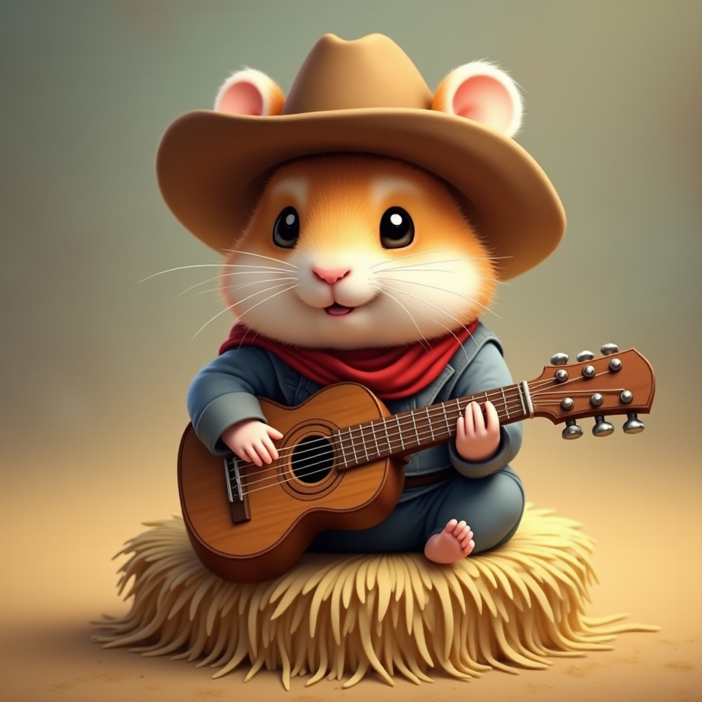 A chibi hamster, dressed as a cowboy, playing guitar, sitting on a hay bale