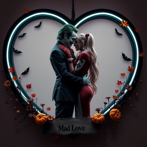 The Joker, neat, wearing a black suit and a beautiful Harley Quinn with long hair, both romantic, hugging and cuddling in the middle of a neon linen black heart frame decorated with dead leaves, bats, and small pumpkins, with a label at the bottom that reads 'Mad Love' made of linen, in a photo realistic style.