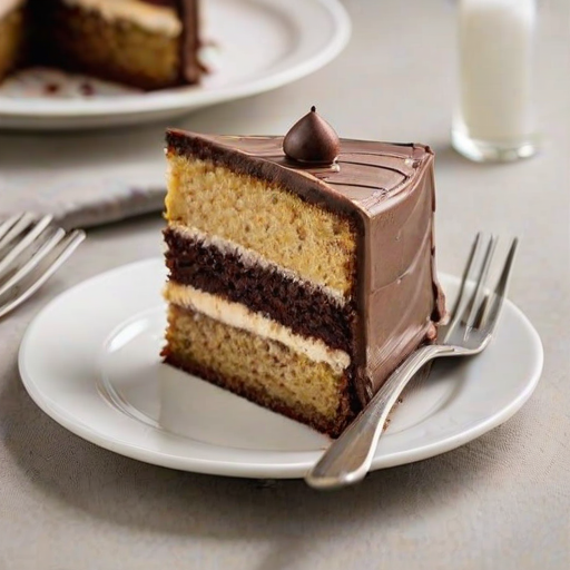 Create an image of a slice of cake on a white plate. The cake should have multiple layers, including white cake and chocolate cake, with thick frosting on top. The background should be bright and simple to emphasize the cake.