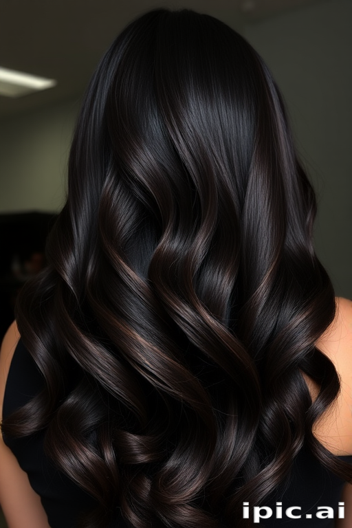 Sultry dark espresso waves christened "Midnight Silk" cascading down in glossy S-shaped curves, accentuated by subtle mahogany lowlights