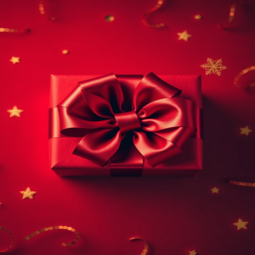 Create a high-resolution image of a red gift bow on a dark red background with golden accents, using a DSLR camera with a 50mm lens, aperture set to f/2.8 for a soft depth of field, shooting from a top-down angle, and applying a soft light style for enhanced vibrancy.