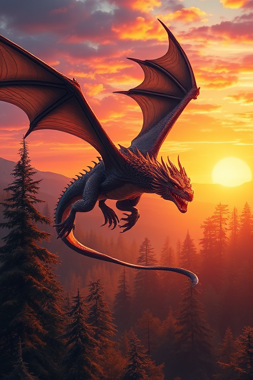 Generate a detailed illustration of a majestic dragon flying over a mystical forest during sunset, with vibrant colors and intricate details using a DSLR camera, 50mm lens, f/1.8 aperture, ISO 100, and a landscape orientation for enhanced depth and clarity.