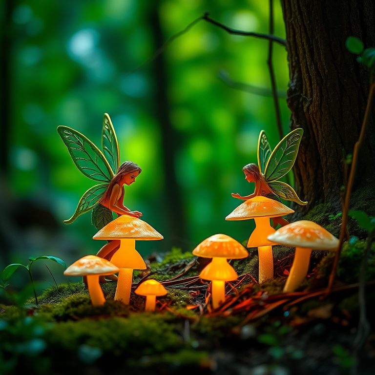 Create a whimsical forest scene featuring two fairies interacting near glowing mushrooms with a vibrant green background, using a DSLR camera at f/2.8, ISO 100, shutter speed 1/200s, shot in a wide-angle view with soft focus to enhance magical details and sharpness.
