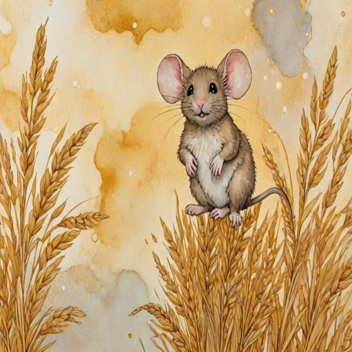 Soft, muted Alcohol Ink with ebru effect background image of tiny whimsical mousey, who climbed high on the top of a golden rye ear.