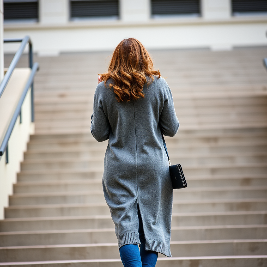 Capture a woman walking away on steps, wearing a long gray cardigan and blue jeans, with wavy hair and holding a phone in one hand, using a DSLR camera with a 50mm lens, aperture set to f/2.8, ISO 200, and a slight tilt-up angle for depth.