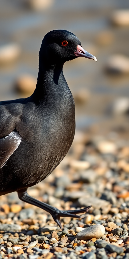 capture a close-up of a coot walking along a gravel shoreline, natural lighting, shallow depth of field, 85mm lens, f/2.8 aperture, ISO 200, 1/200 second shutter speed, focus on the bird with a blurred background