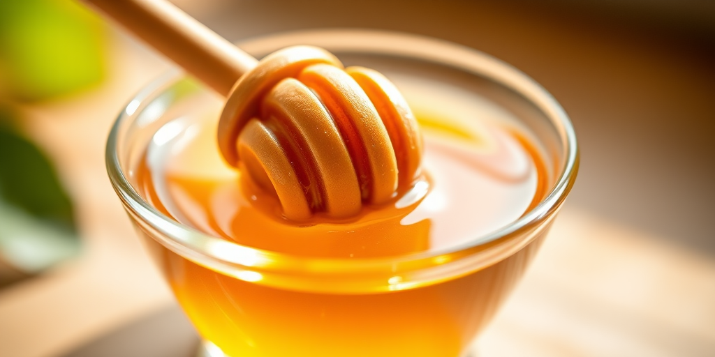 Close-up shot of a small glass dish filled with golden honey and a honey dipper resting inside, natural light, shallow depth of field, 50mm lens, f/2.8, ISO 100, taken with a DSLR camera.