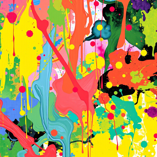 Create an image that features a vibrant, abstract painting with various patterns and color splashes. The painting should be the main focus of the image.