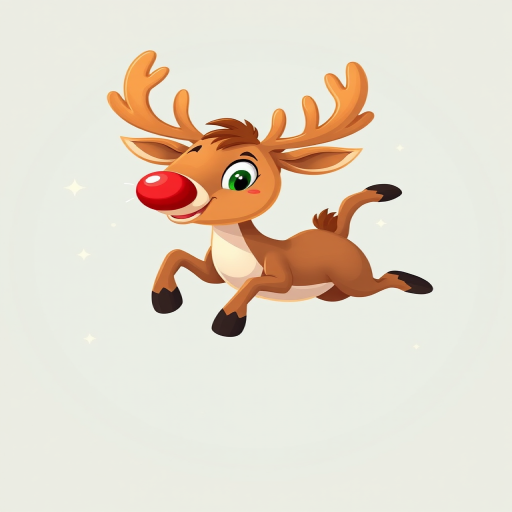 Create a whimsical illustration of a leaping brown reindeer with a red nose and playful eyes, use vibrant colors and a clean vector style, set with a Canon EOS R5, f/4 aperture, ISO 100, 24mm lens, natural lighting for enhanced detail and clarity.