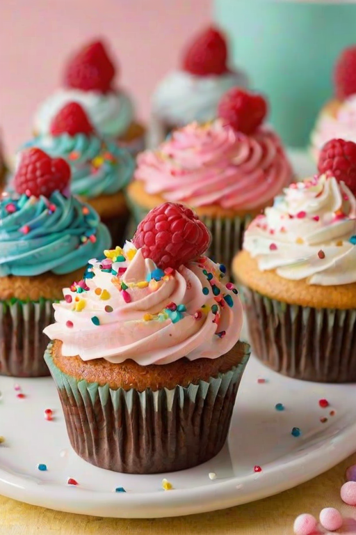 Create an image of a plate of decorated cupcakes. Each cupcake should have a swirl of creamy frosting and be topped with fresh raspberries and colorful sprinkles. The background should be bright and inviting, highlighting the sweetness of the treats.
