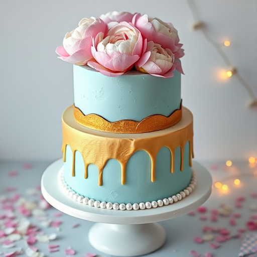 A two-tiered birthday cake with smooth pastel blue buttercream frosting. The top is adorned with gold leaf accents and a large, edible flower arrangement in pink and white peonies. The bottom tier has a gold drip effect, and around the base of the cake are small, dainty pearls. The cake is placed on a white porcelain cake stand, surrounded by confetti and soft string lights for a festive vibe.
