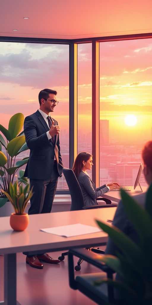create a digital illustration of a modern office interior with a view of a city skyline at sunset, featuring a man in business attire giving a thumbs up to a woman seated at a desk, with plants and decorative elements around, using soft lighting for a warm atmosphere, shot with a 50mm lens, f/2.8 aperture, ISO 100, and soft focus background for depth.