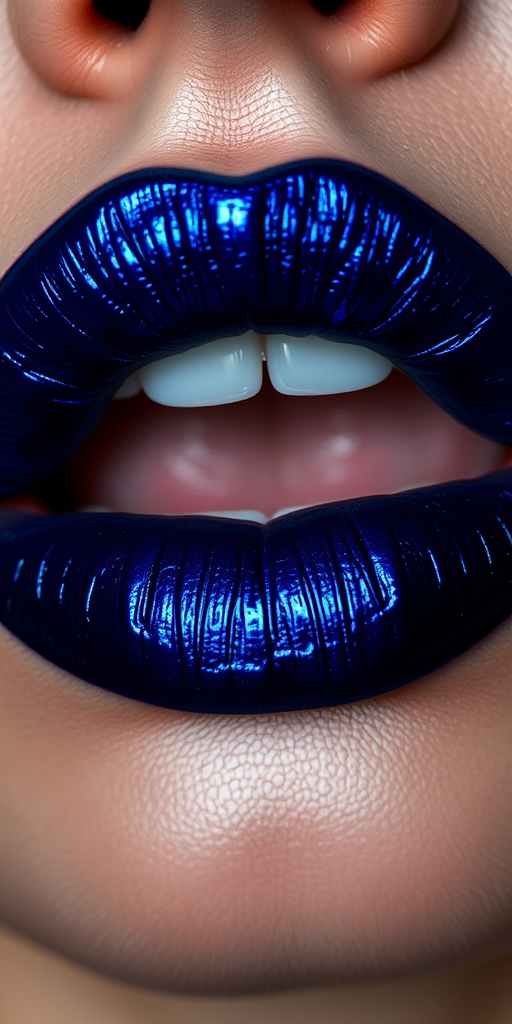 Midnight blue woman lips with metallic sheen, perfect for edgy and alternative makeup looks