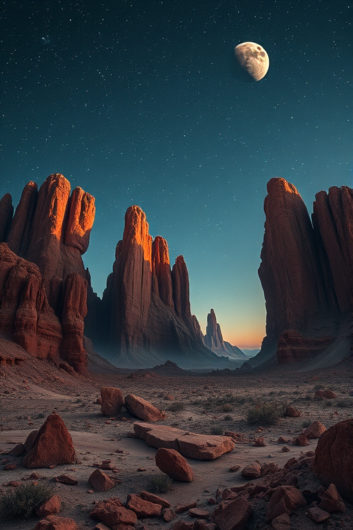 capture a stunning sci-fi landscape featuring towering rock formations under a starry sky with two moons, using a Canon EOS R5 camera, 24mm lens, f/8 aperture, ISO 100, with a wide-angle view and HDR photography style to enhance image quality