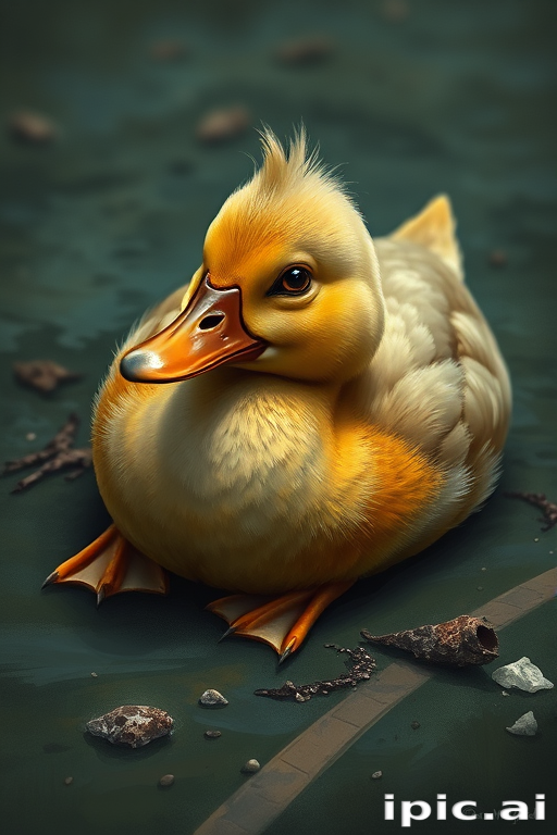 Stunning image of a cute adorable tired looking wacky duck laying flat on the ground, no emotions, moody, grainy, noisy, concept art, by Alberto Seveso, Cyril Rolando, Dan Mumford, Meaningful Visual Art, Detailed Painting, Digital Illustration,