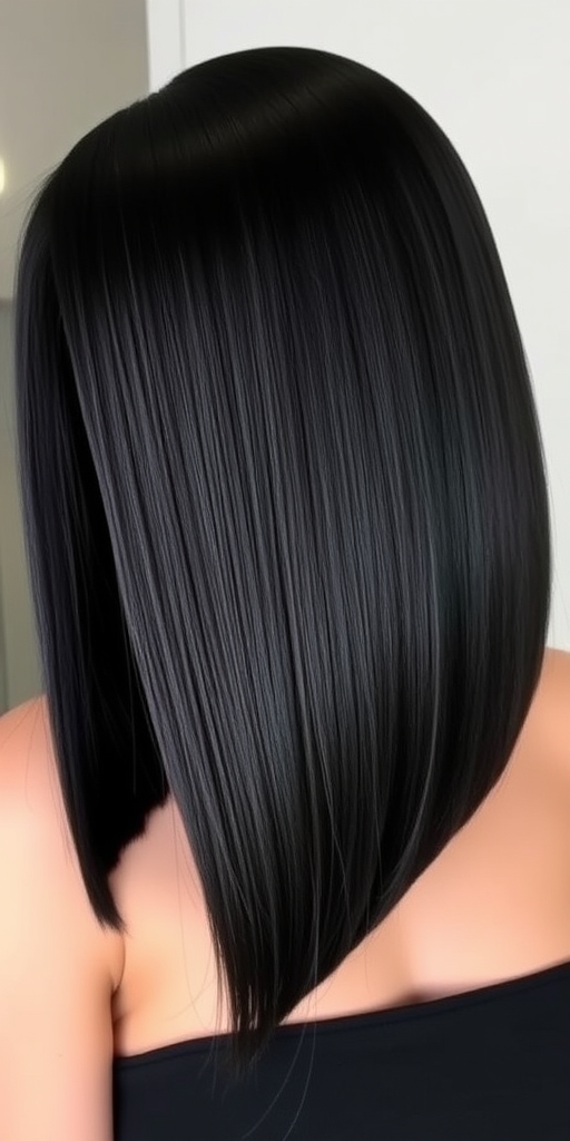 Sleek jet-black hip-length hair with blunt ends, pin-straight styling showcasing mirror-like shine, embodying timeless elegance and sophistication