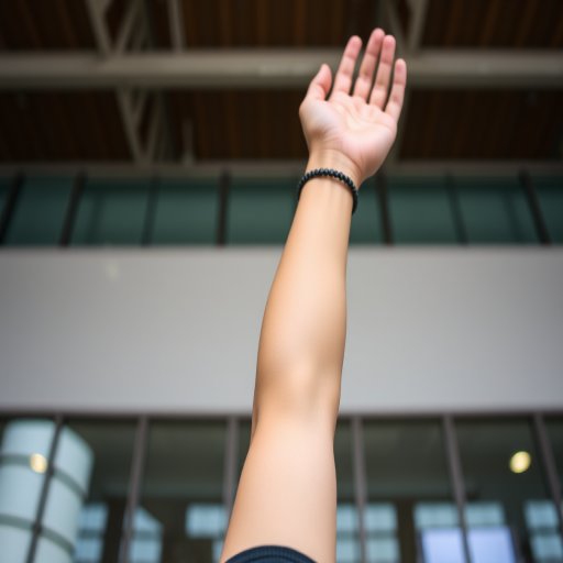 Create a high-resolution image of a person holding a raised arm, seen from a low angle, using a DSLR camera with a 50mm lens, aperture set to f/1.8, ISO 100, and a shallow depth of field to enhance focus on the subject while blurring the background.