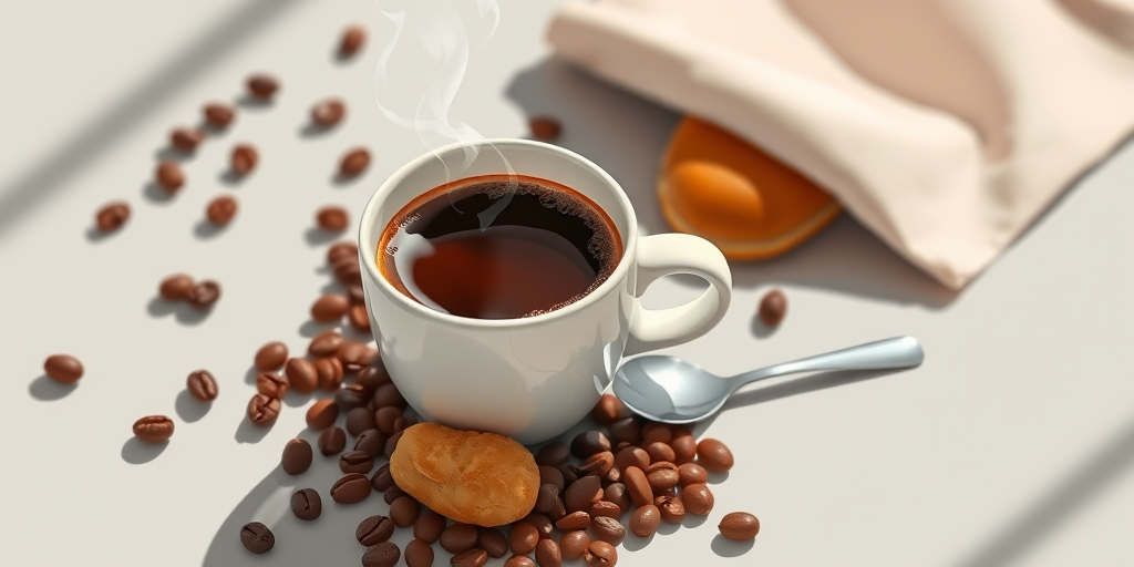 create a high-resolution illustration of a coffee scene featuring a steaming cup of coffee, coffee beans scattered, and a spoon beside a pastry, use a Canon EOS R5 with a 50mm lens at f/1.8, shot in natural light for a soft effect, focus on vibrant colors and fine details.