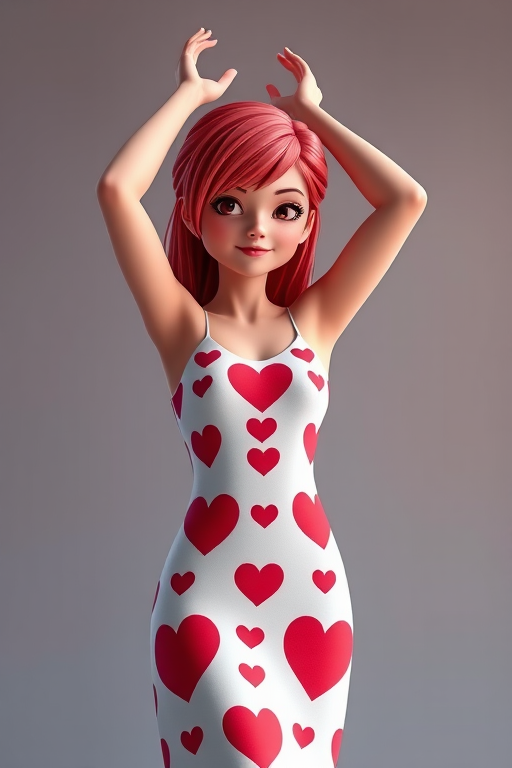 A realistic 3D rendering of a female character with red hair in a heart-patterned dress, arms raised in a dramatic pose, soft lighting, depth of field, 50mm lens at f/2.8, high resolution, studio setup.