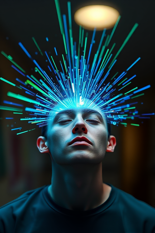 Create a high-resolution digital art piece of a person with their head exploding with vibrant blue and green beams, using a Canon EOS R5 with a 50mm lens, f/1.8 aperture, ISO 100, 1/200s shutter speed, captured in an abstract style with a blurred background to enhance depth.