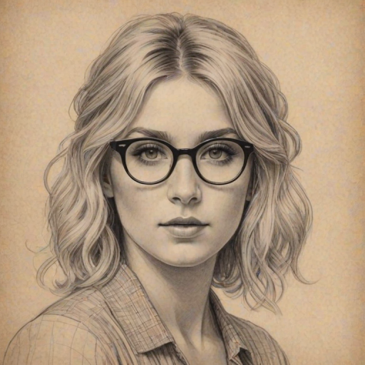 Alluring Kesha, pencil sketch, portrait of Delightful woman 1927s in glasses, hair style beatnik, outline, clear lines, fine lines, 8k