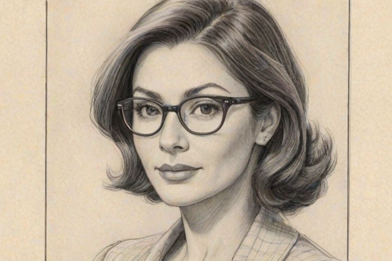 Resplendent Marisol Nichols, pencil sketch, portrait of Lovely woman 1931s in glasses, hair style beatnik, outline, clear lines, fine lines, 8k