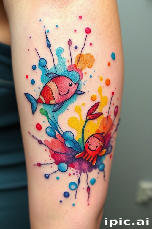 Whimsical watercolor splash tattoo depicting playful marine life emerging from colorful paint splatters, fluid and organic shapes blending seamlessly, vibrant hues creating a joyful and energetic atmosphere