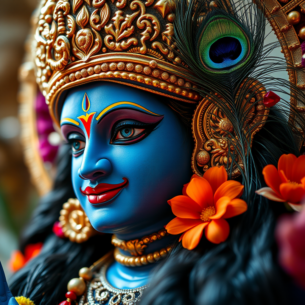 Regenerate a highly detailed image of a blue-skinned deity adorned with a golden crown, peacock feather, and floral decorations, captured in vivid colors and sharp focus, using a DSLR camera at f/2.8 aperture, 50mm lens, ISO 100, and soft lighting, with a shallow depth of field to emphasize intricate details.