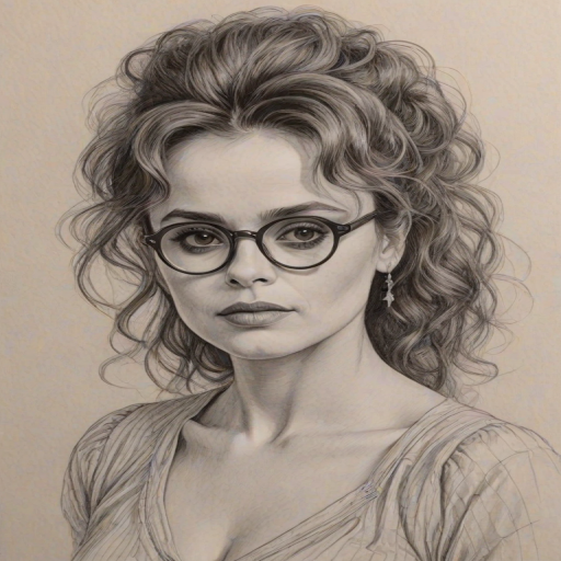 Enticing Helena Bonham Carter, pencil sketch, portrait of Stunning woman 1973s in glasses, hair style beatnik, outline, clear lines, fine lines, 8k