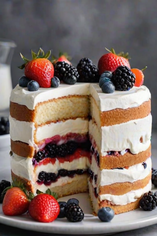 Create an image of a layered vanilla cake with fresh berries and whipped cream. The cake should have visible layers filled with cream and mixed berries like strawberries, blueberries, and blackberries. The top should be decorated with more whipped cream and whole berries, presented on a white plate with a simple background.