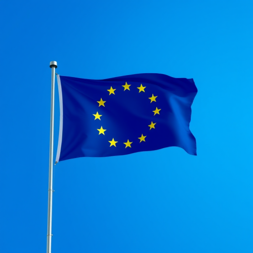 Create a high-resolution image of the European Union flag waving gently in the breeze against a smooth gradient blue background, using a DSLR camera with a 50mm lens, aperture set to f/8, ISO 100, and a shutter speed of 1/125s, shot from a slightly raised angle to enhance perspective.