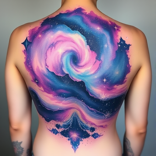 Dreamy watercolor galaxy tattoo with swirling nebulas and twinkling stars, blending vibrant purples and blues seamlessly into the skin, covering the entire back in a cosmic masterpiece