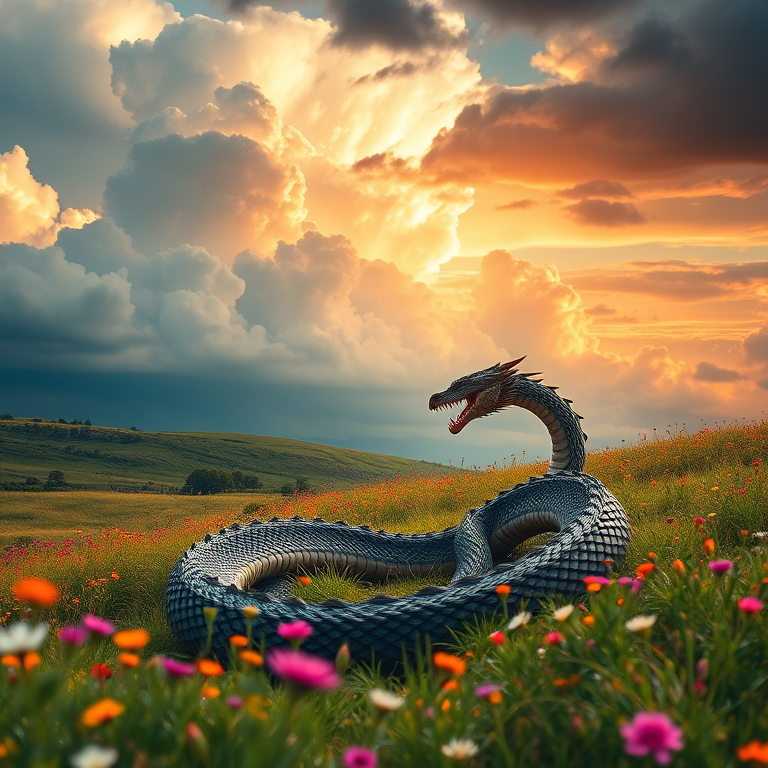 Create a highly detailed fantasy landscape featuring a majestic serpent-like dragon coiled in a vibrant meadow, under a dramatic sky filled with dynamic clouds, captured with a Canon EOS R5, 50mm lens, f/1.8, ISO 100, with a soft focus on the foreground and sharp clarity on the dragon.