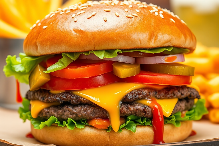 High-resolution, close-up image of a gourmet double cheeseburger. The burger features a glossy, sesame-seed-topped brioche bun. Inside, there are two thick, juicy beef patties, each topped with melted cheddar cheese. The burger is garnished with fresh lettuce, tomato slices, diced onions, and pickles. A generous amount of ketchup and a creamy, orange-colored sauce is dripping down the sides, adding to the mouth-watering appeal. In the background, there are blurred elements including a side of golden French fries and a hint of a beverage, enhancing the overall presentation of a delicious meal.