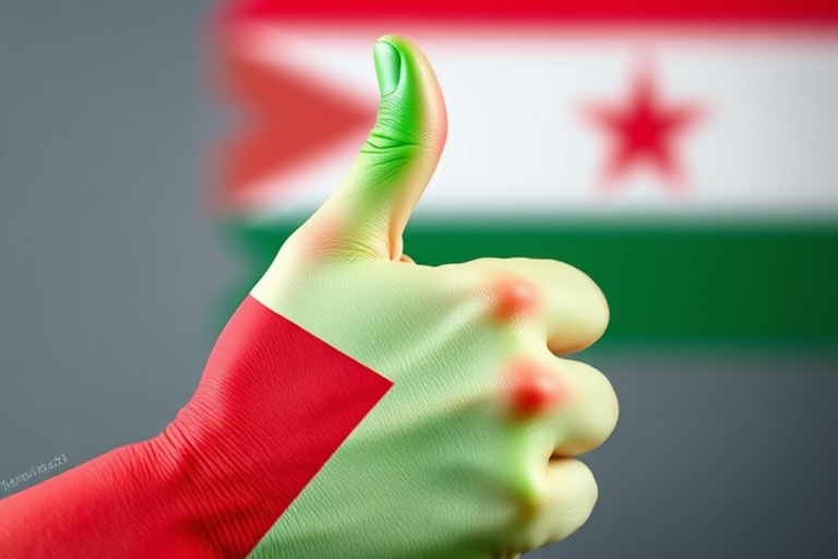 Create an image of a hand with a thumbs up, painted in the colors of the Jordanian flag featuring a red triangle, white stripe, and green base, in high resolution, shot with a Canon EOS R5 at f/8, ISO 100, 1/200s, close-up view, with a soft natural light style.