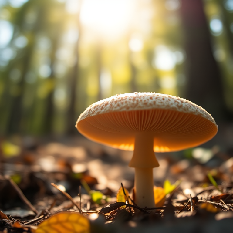 Close-up of a mushroom in a sunlit forest, with soft bokeh background, aperture f/2.8, ISO 200, shutter speed 1/250s, captured using a DSLR camera with a 50mm lens.