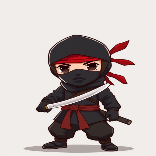 Create a cartoon-style image of a ninja character with black attire and a red headband, holding a small sword, in high resolution, using a DSLR camera with an aperture of f/2.8, ISO 100, 50mm lens, and a focus on the character against a simple background.
