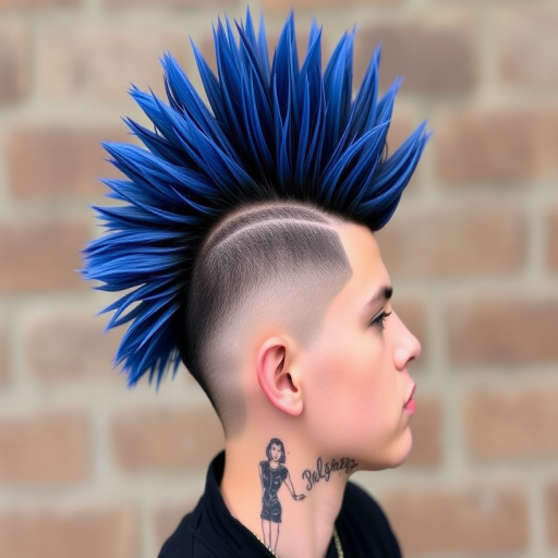 Edgy blue-black mohawk with shaved sides, styled in a high and spiky manner, showcasing rebellious spirit and unconventional beauty