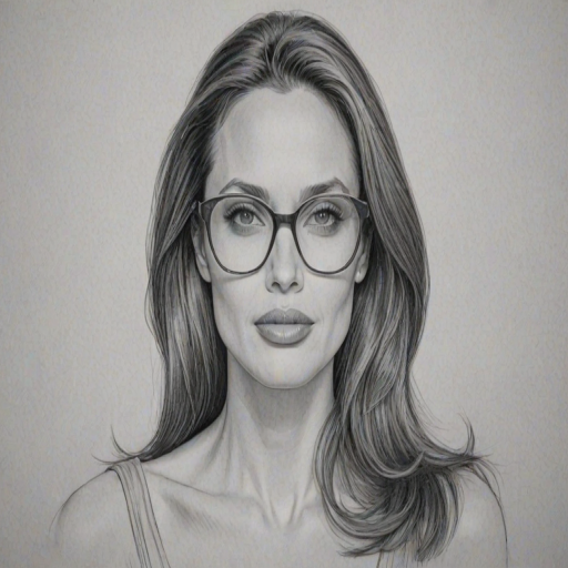 Resplendent Angelina Jolie, pencil sketch, portrait of Pleasing woman 1963s in glasses, hair style beatnik, outline, clear lines, fine lines, 8k
