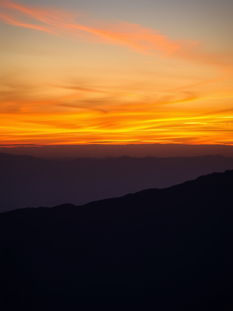 create a high-resolution landscape image of a sunset over mountains with vibrant orange and yellow hues in the sky, focused on the silhouette of the mountain range in the foreground, taken with a Canon EOS 5D Mark IV, 24mm focal length, f/8 aperture, ISO 100, at sunset using a wide-angle view to capture depth and detail