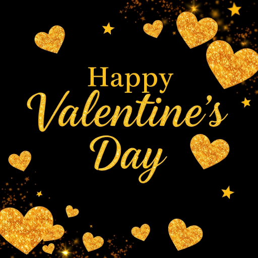 Create a high-resolution image of a Valentine's Day greeting card with a black background, elegantly styled gold text saying "Happy Valentine's Day," surrounded by sparkling gold hearts and stars, captured with a DSLR camera at f/1.8, ISO 100, 50mm lens, in a soft-focus style.