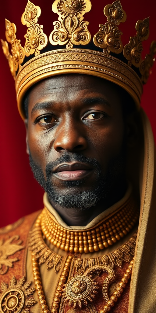 portrait of an African king wearing a golden crown and robe with intricate details, warm red background, high resolution, ISO 100, f/2.8 aperture, 50mm lens, taken with a DSLR camera, soft lighting to enhance facial features and textures, focus on royal attire and expressions