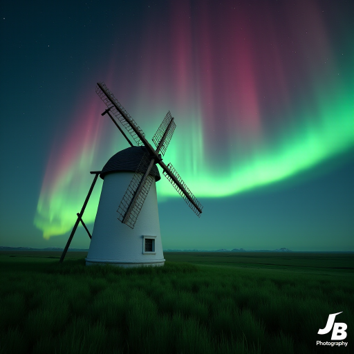 An ultra-realistic and highly detailed 4d, uhd photograph capturing a white windmill with wooden blades located in a green field. The night sky in the background is illuminated by an aurora borealis, which displays vibrant colors of green and red, blending together in a magical way and spreading across the firmament dotted with stars. The aurora borealis creates an impressive and dazzling visual effect, standing out against the dark sky. In the bottom right-hand corner of the image is a logo with the letters 'JB' and the word 'Photography'. The composition of the image combines the traditional element of the windmill with the extraordinary natural phenomenon of the Northern Lights, creating a unique and breathtaking scene.