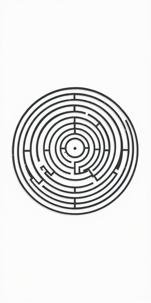 Create a high-resolution image of a circular labyrinth with intricate black lines on a white background, captured using a DSLR camera at f/5.6 aperture, ISO 100, and a shutter speed of 1/125 sec, in a top-down view style to enhance clarity and detail.